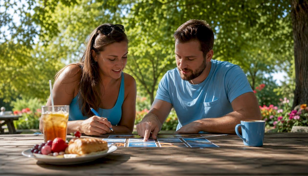 Couple scoring travel destinations outdoors