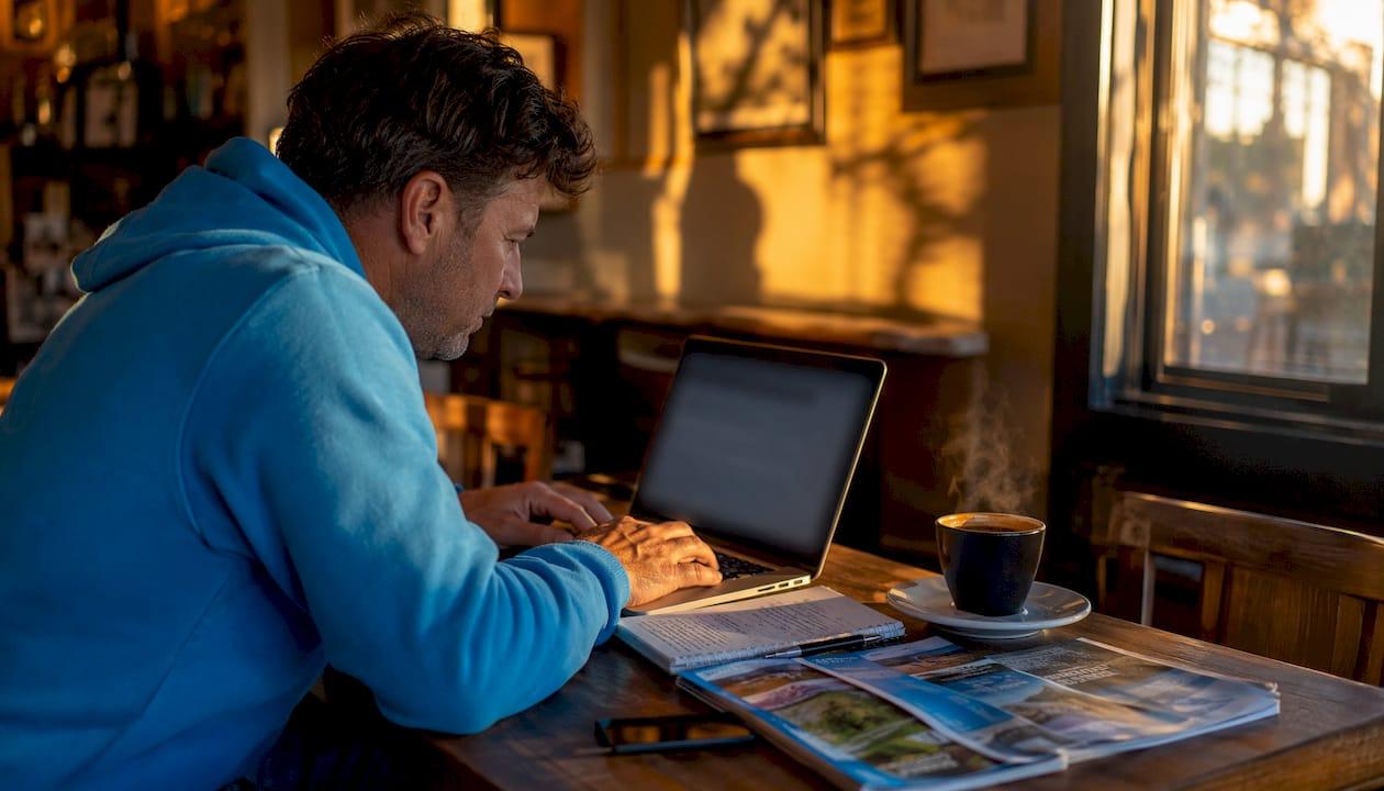 Hands typing with airport maps on desk