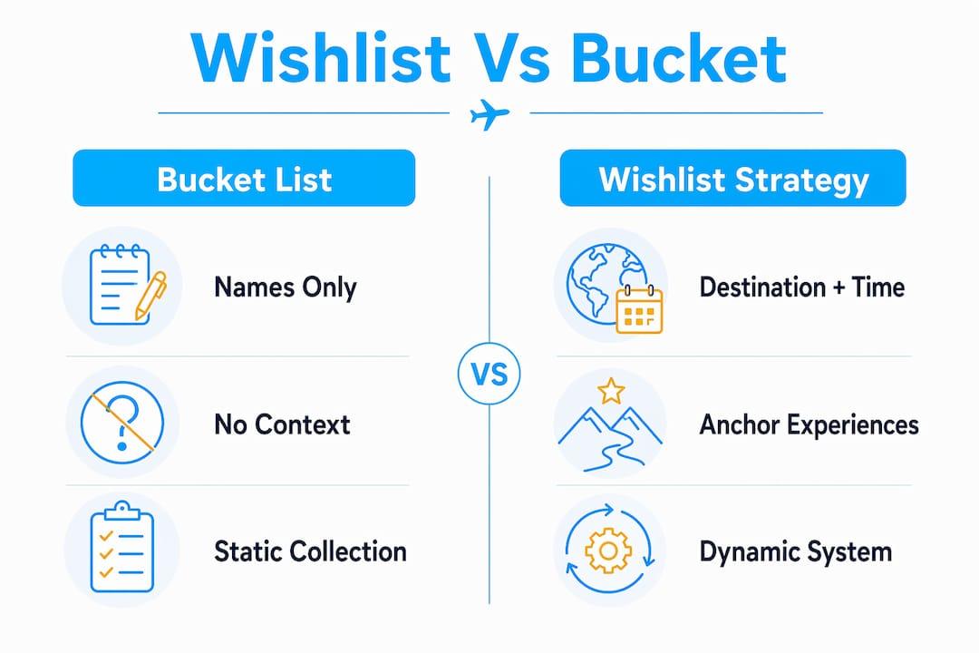 Comparison infographic of wishlist strategy versus bucket list