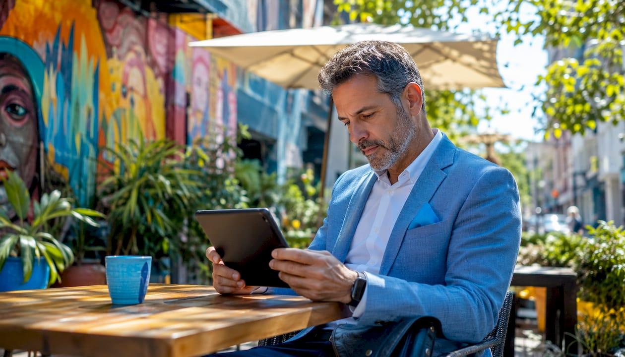 Man using tablet booking flights solo