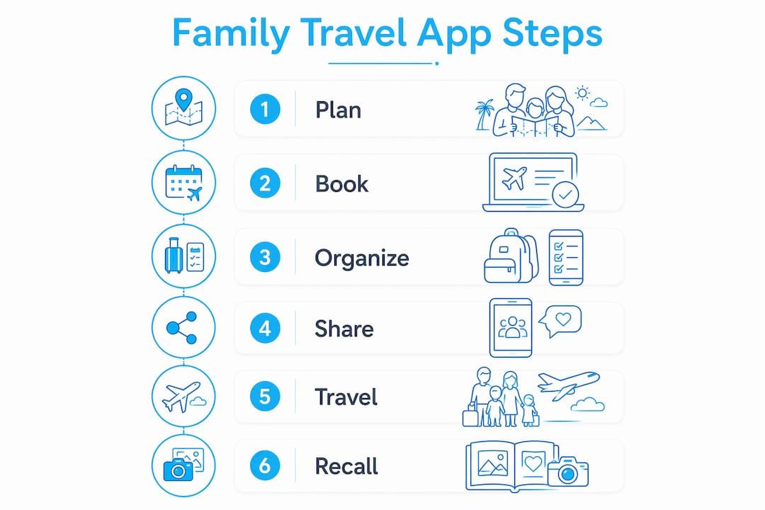 Infographic listing family travel app steps