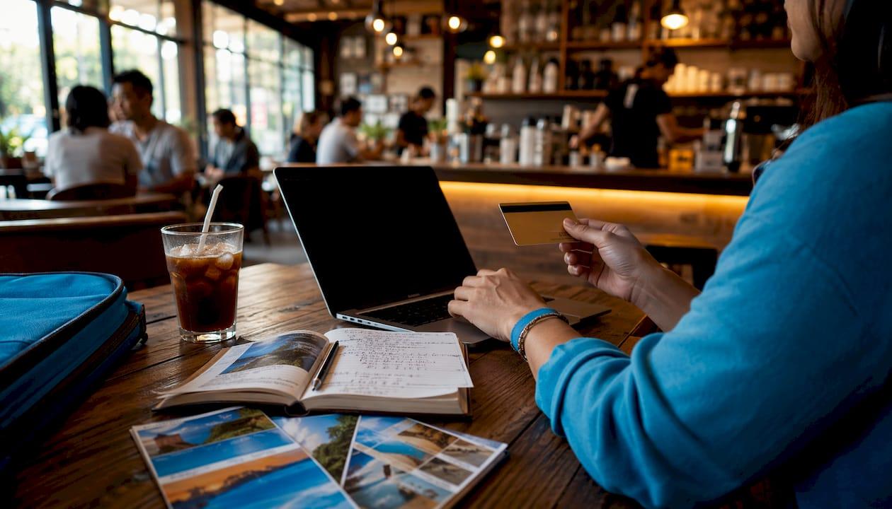 Hands booking flight and hotel package online