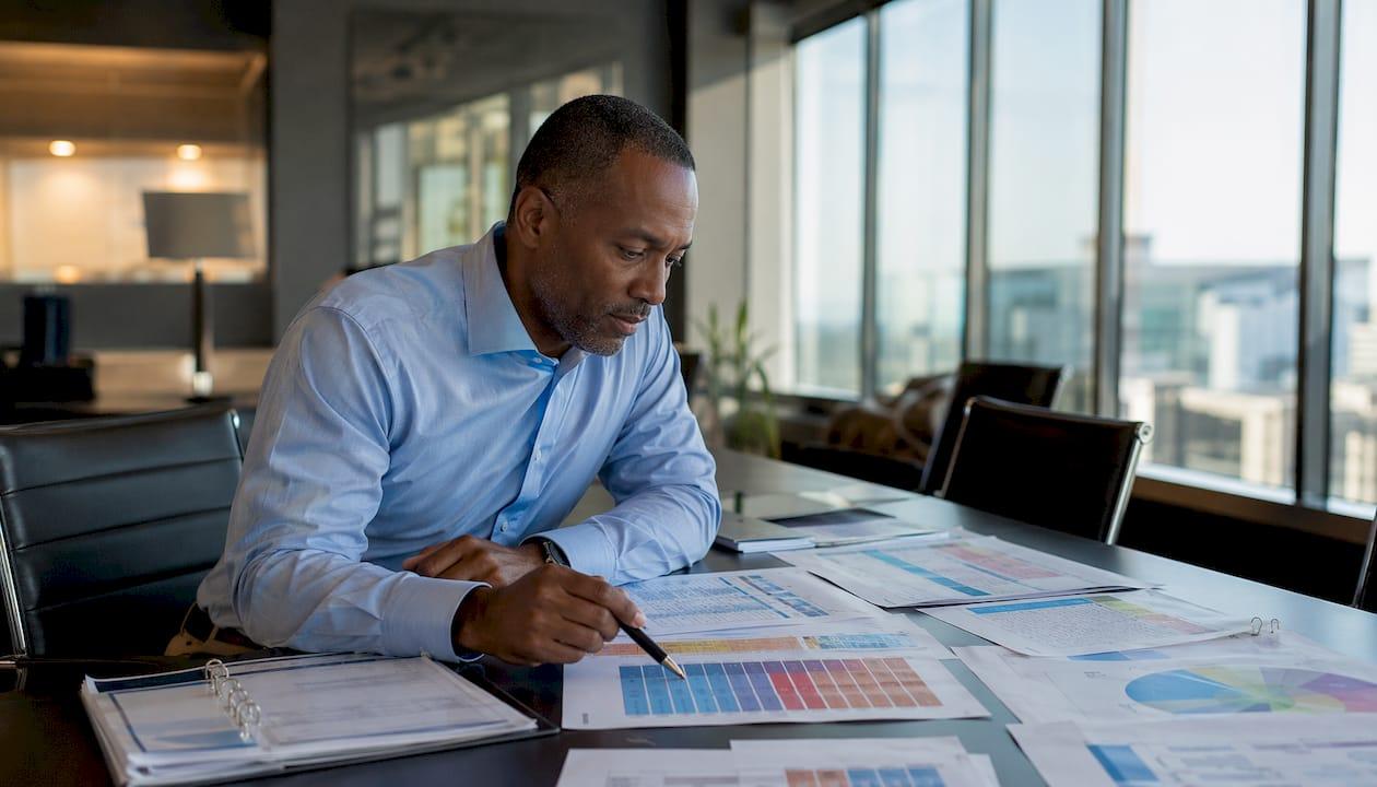 Man analyzing airline pricing charts overhead view