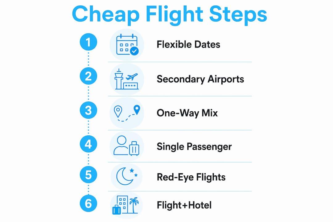 Vertical step infographic for cheap flight tactics