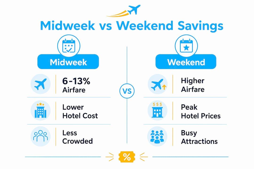 Infographic comparing midweek and weekend travel savings