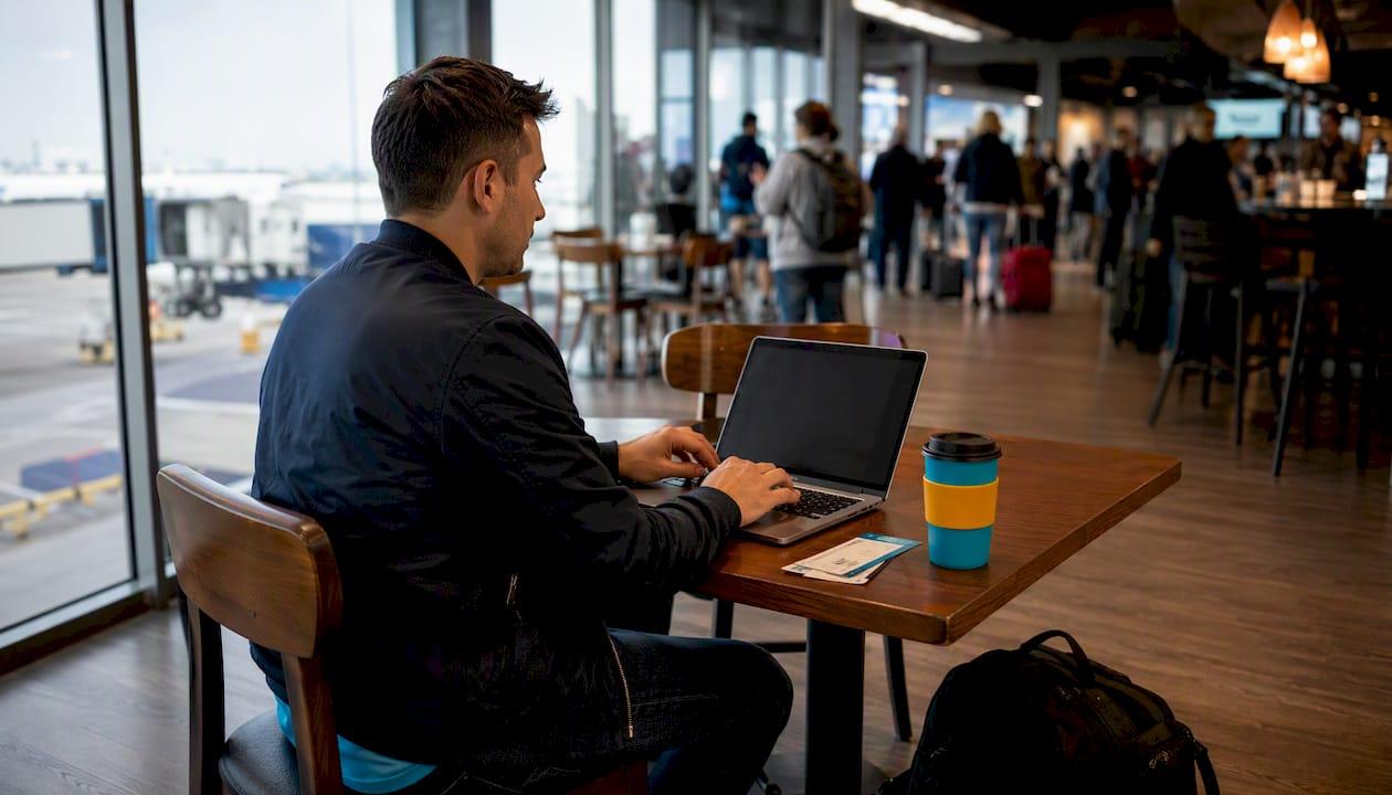 Traveler comparing flights at airport lounge