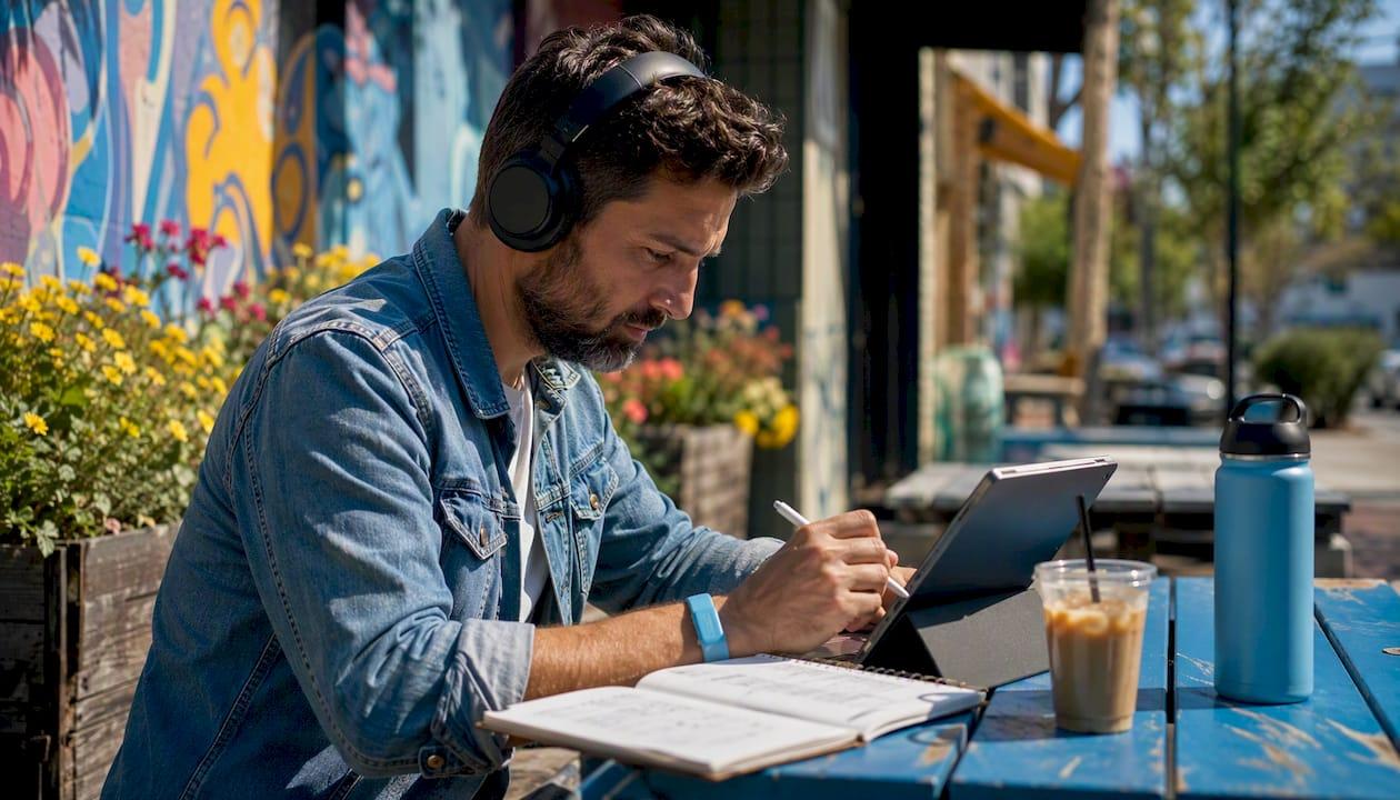 Traveler searching one-way flights in café