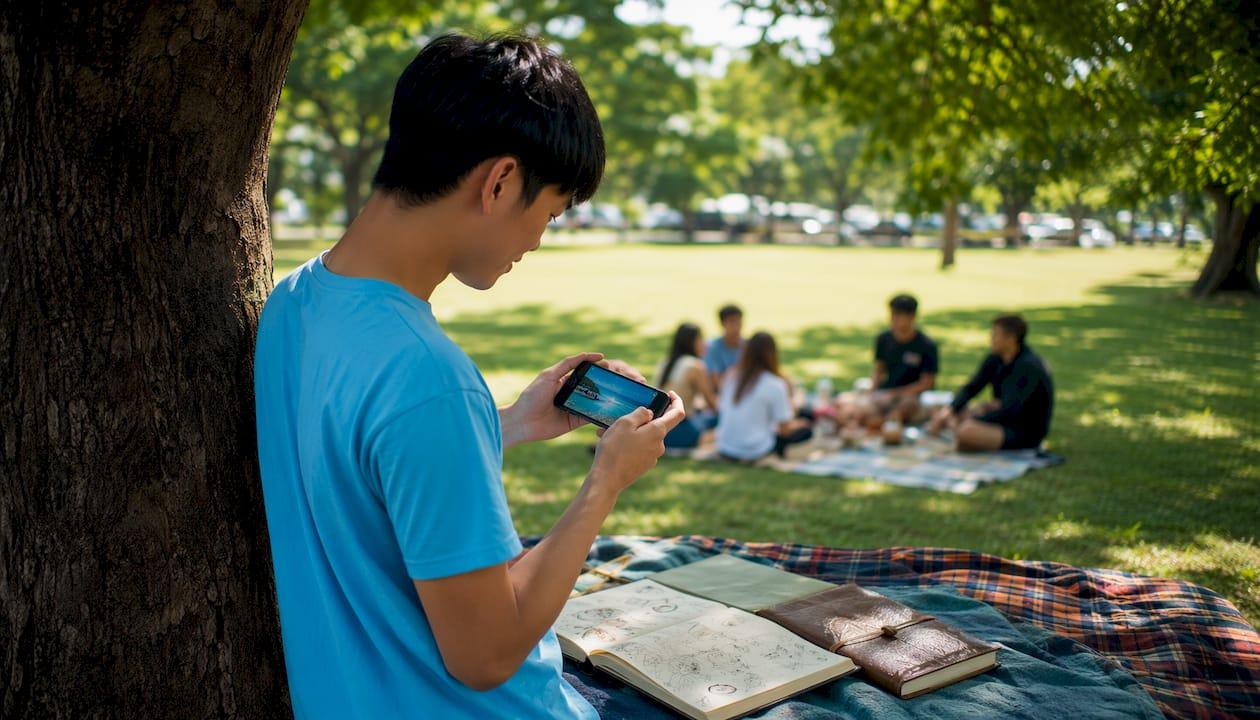 Overhead hands scrolling travel videos on phone at café table