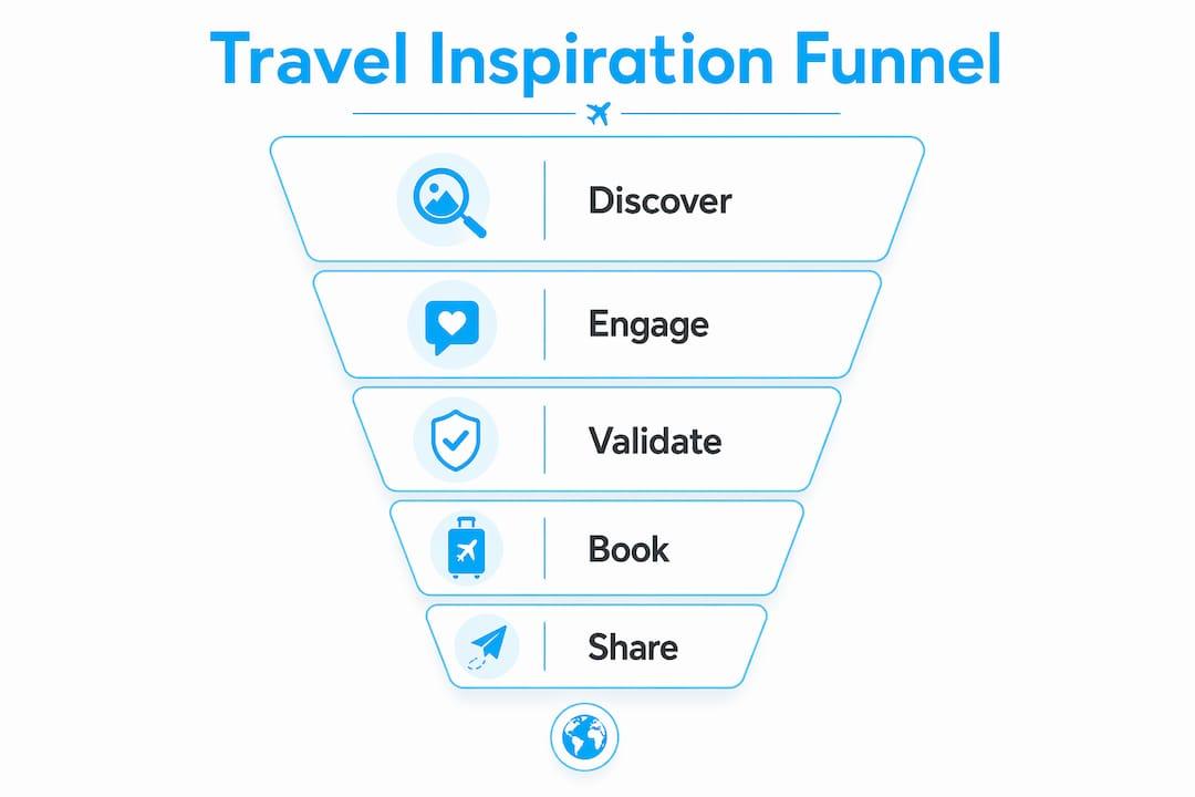 Infographic illustrating steps of social media travel inspiration funnel