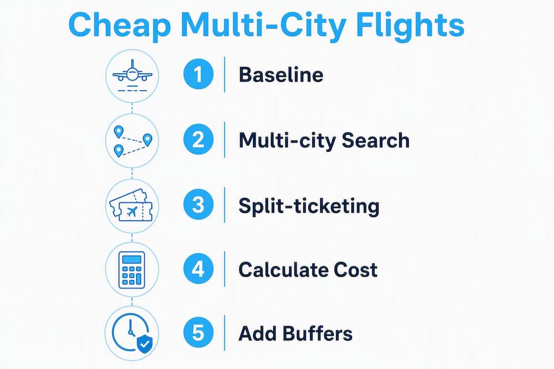 Infographic showing steps to find cheap multi-city flights