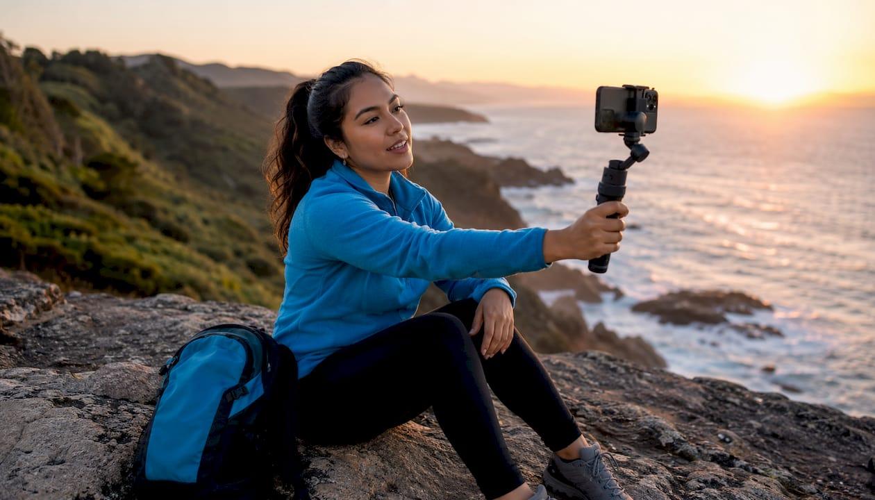 Local influencer filming travel video on coastal cliff sunrise